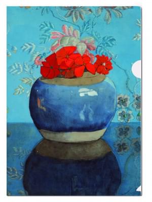 L-mapje A4 formaat: Rode geraniums in blauwe pot, Voerman, Museum de Fundatie