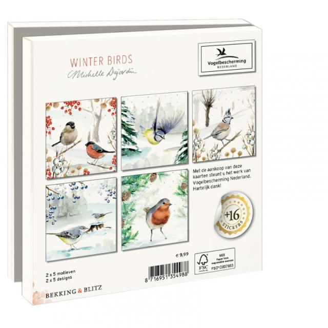 Kaartenmapje met env, vierkant: Winter birds, Michelle Dujardin, Vogelbescherming