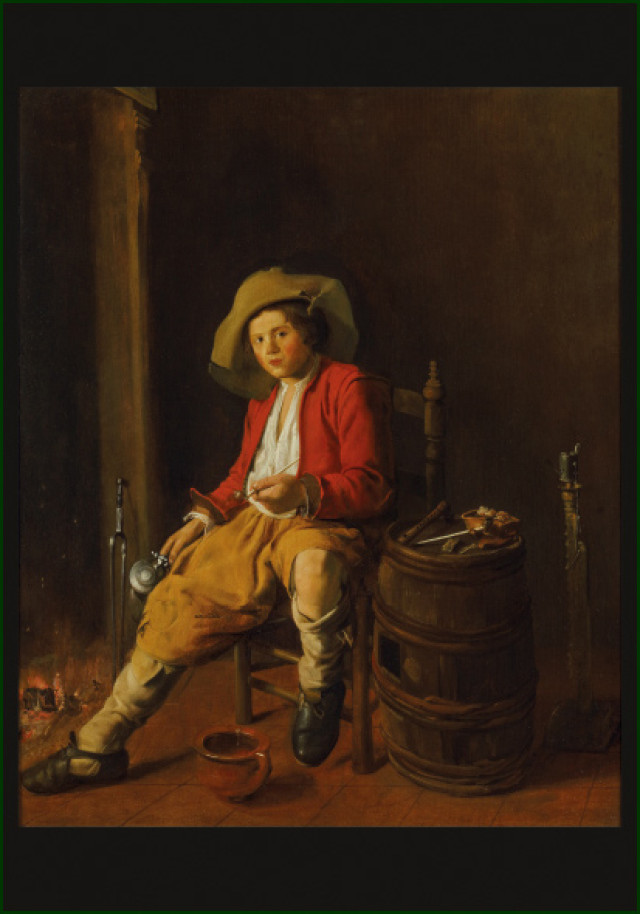 Jongen met pijp en kan bij een haardvuur, Jan Miense Molenaer, Het Frans Hals Museum