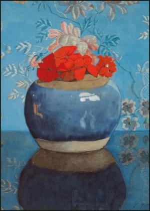 Red geraniums in blue ginger, Jan Voerman, Museum de Fundatie