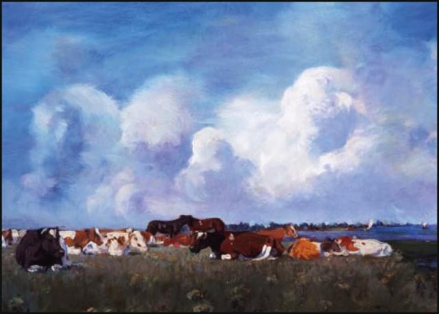 Lying cattle and 'noppende' horses on the Ijssel, Jan Voerman, Museum de Fundatie