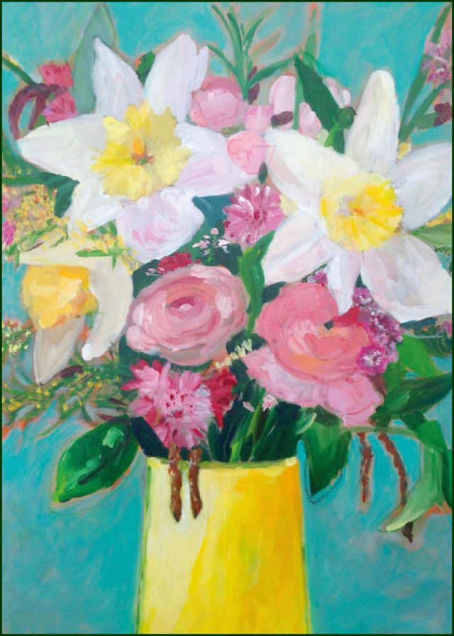 Spring flowers in yellow vase, Anke van den Burg