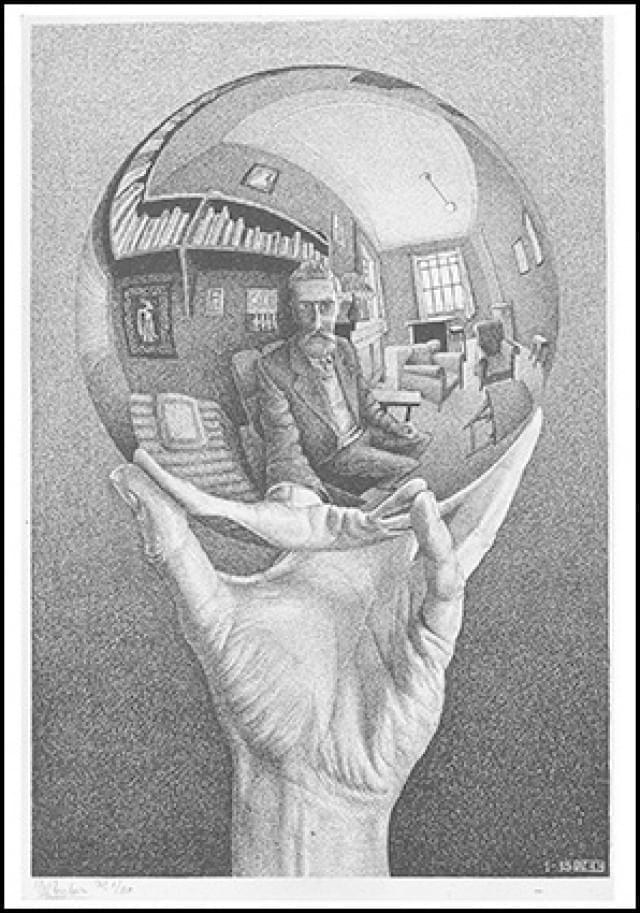 Hand with reflecting sphere, (self portrait), M.C. Escher