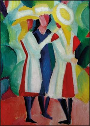 Three girls with yellow straw hats I, August Macke