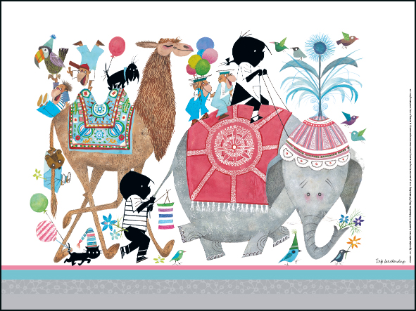 Plakat: Jip und Janneke mit Elefant und Kamel, Fiep Westendorp
